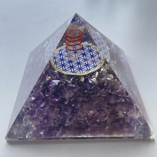 Amethyst Orgone Pyramid - Flower Of Life - Divine Clarity