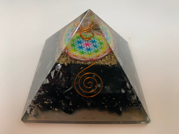 Rainbow Flower of Life Black Tourmaline Orgone / Orgonite Pyramid - Divine Clarity