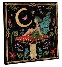 Fairy Sitting on Mushroom Canvas Wall Art