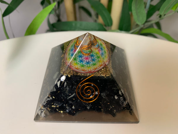 Rainbow Flower of Life Black Tourmaline Orgone / Orgonite Pyramid - Divine Clarity